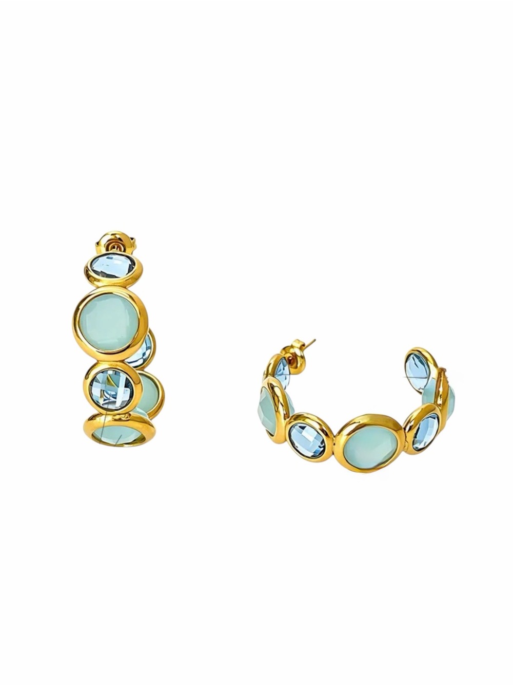 Blue & Aqua Glass Gemstone Hoop Earrings NWT Gold Plated PVD